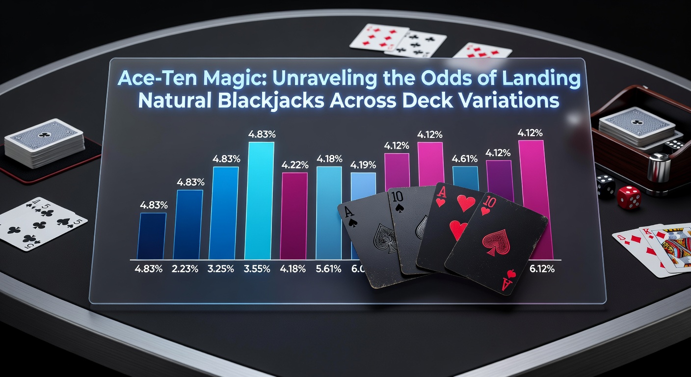 Een close-up van een natural blackjack hand met een aas en een tientje op een casino tafel, symboliserend de zeldzame ace-ten combinatie.