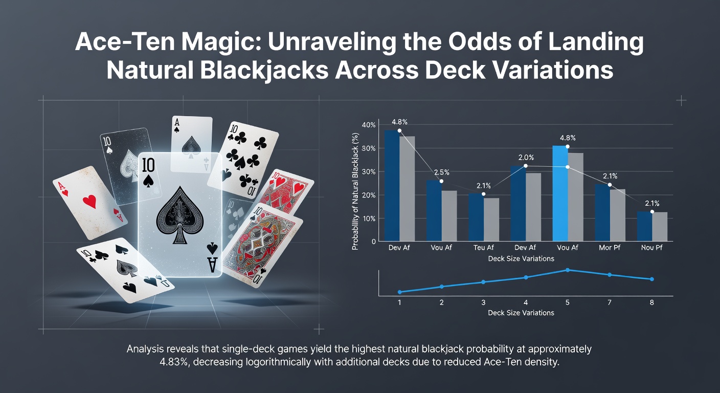 Grafiek met staafdiagrammen die de blackjack-kansen vergelijken tussen single-deck, multi-deck en infinite decks, met percentages en lijnen voor penetratie-effecten.