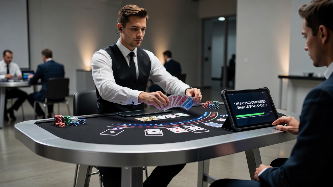 Mobiele blackjack speler die transactie bevestigt tijdens dealer shuffle cyclus op handheld apparaat