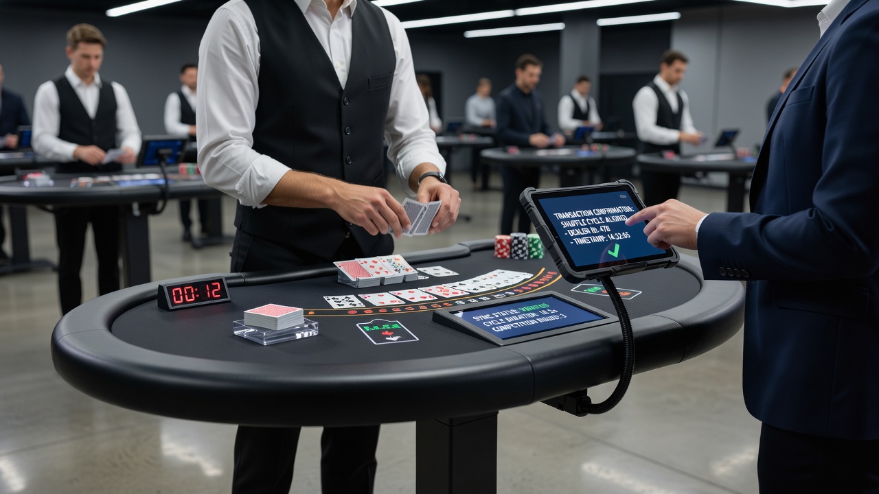 Diagram van shuffle cyclus timing met transactie bevestigingsmomenten in blackjack app
