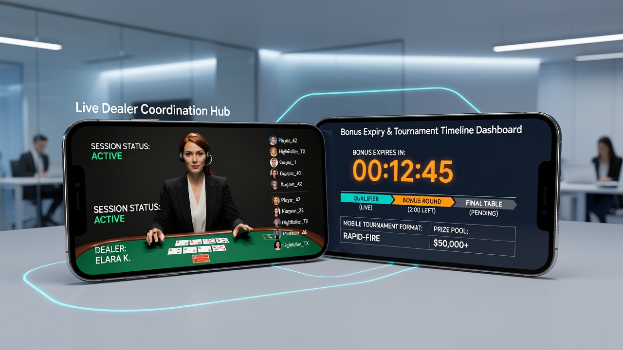 Mobiele interface met live dealer en bonus timer synchronisatie
