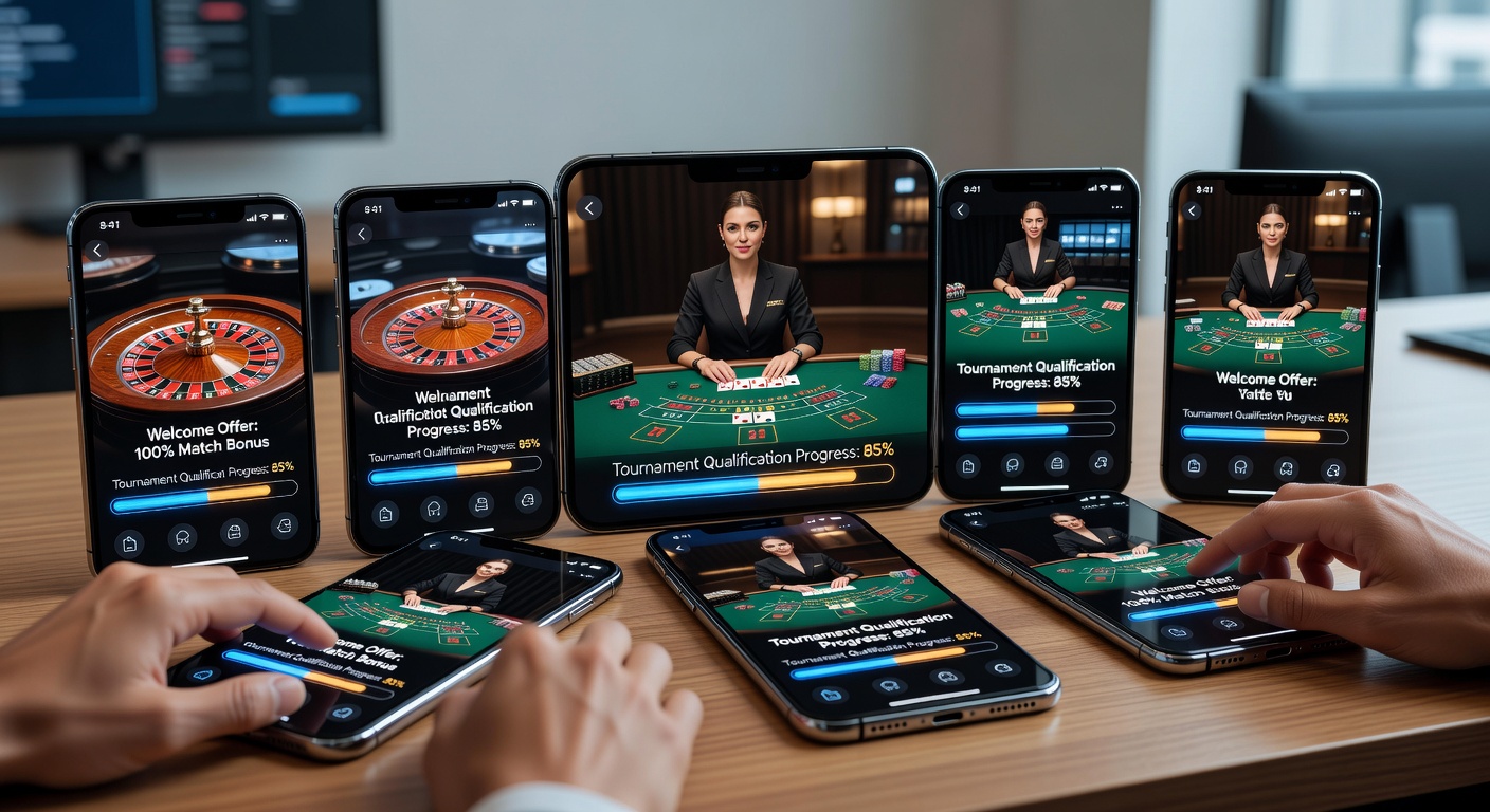 Smartphone scherm met meerdere live dealer blackjack tafels naast elkaar met bonus tracking overlays