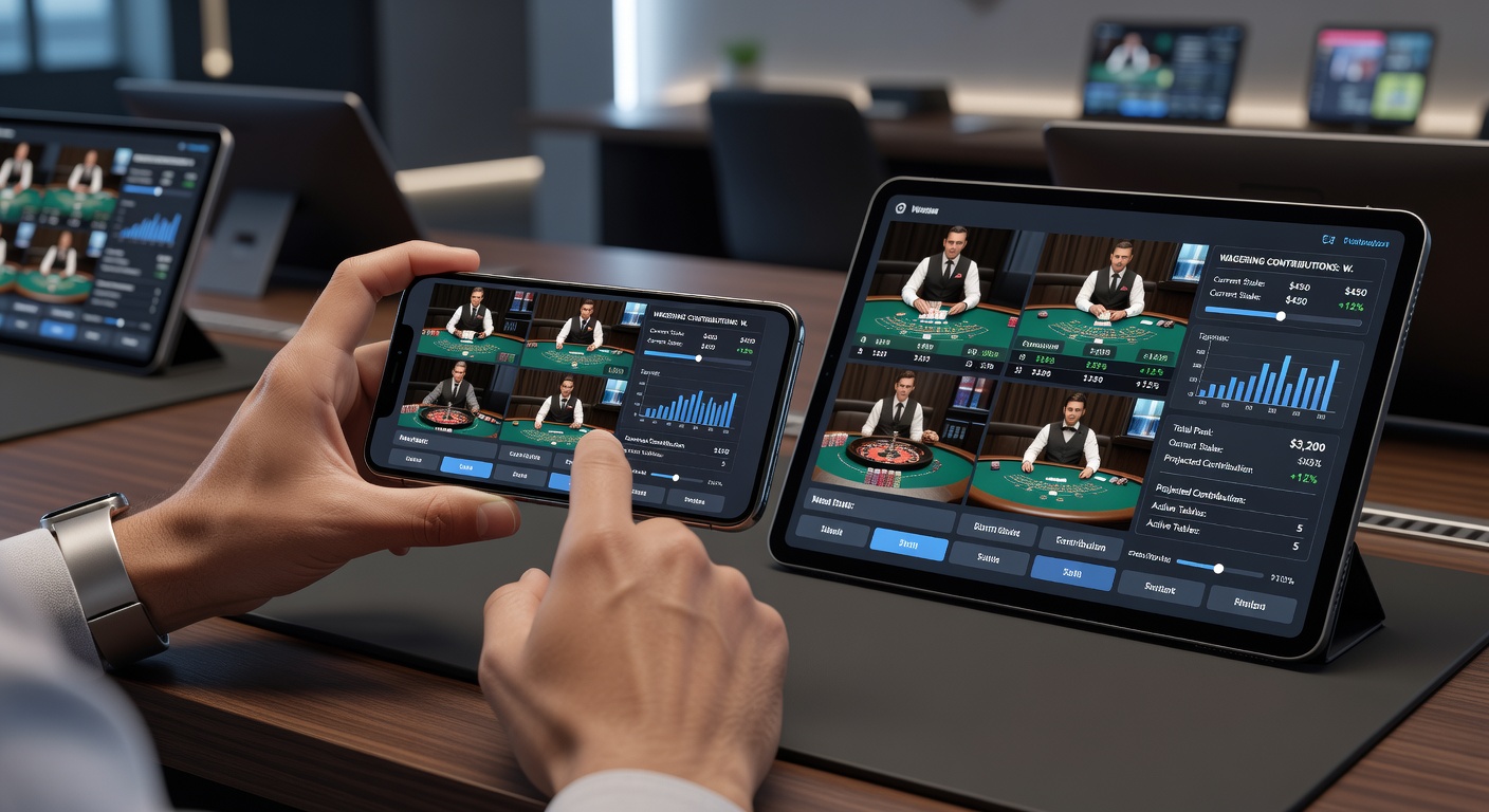 Close up van een smartphone app die bonus voortgang en multi tafel live blackjack streams combineert
