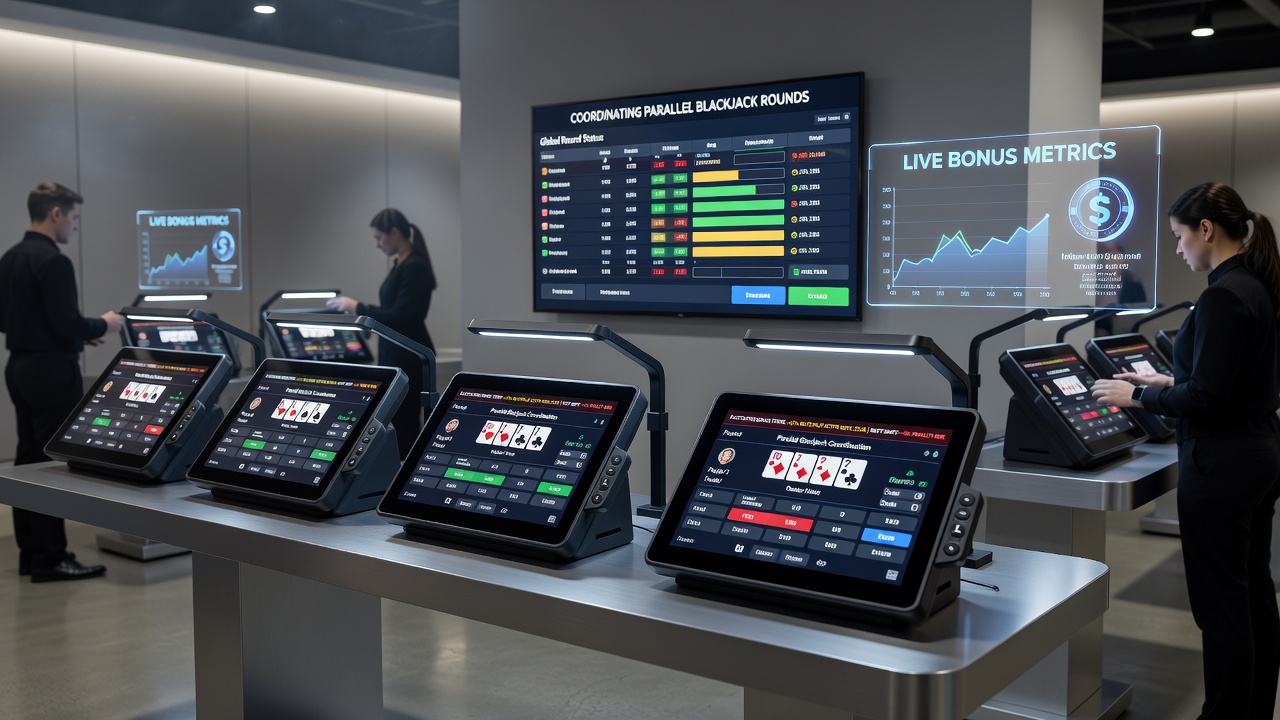 Detailopname van parallelle blackjack sessies met bonuswaarschuwingen op een tablet