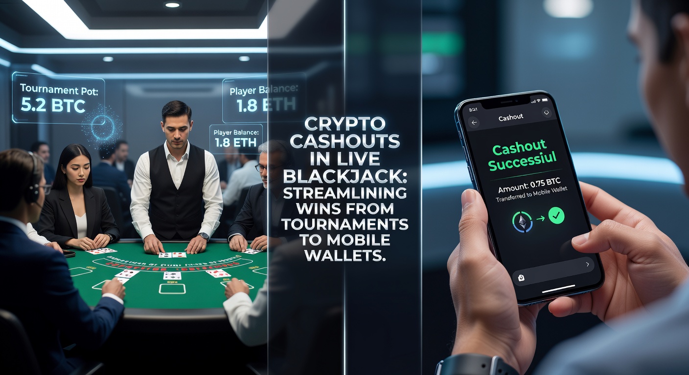 Infographic die het proces van crypto-cashout in een live blackjack-toernooi toont, van winst tot mobiele wallet, met pijlen en tijdstempels
