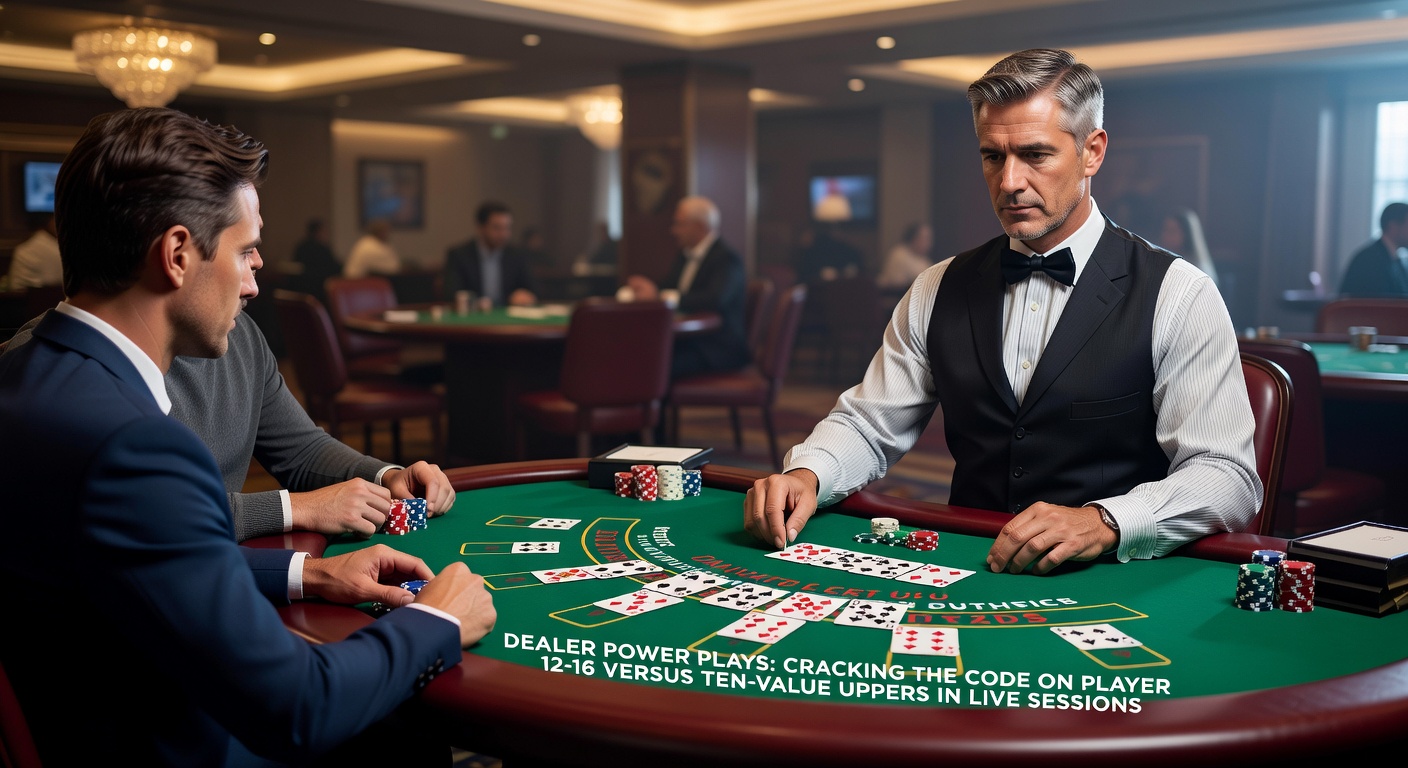 Blackjacktafel in een live casino met dealer die een tien-waarde upcard toont tegenover een spelerhand van 12-16