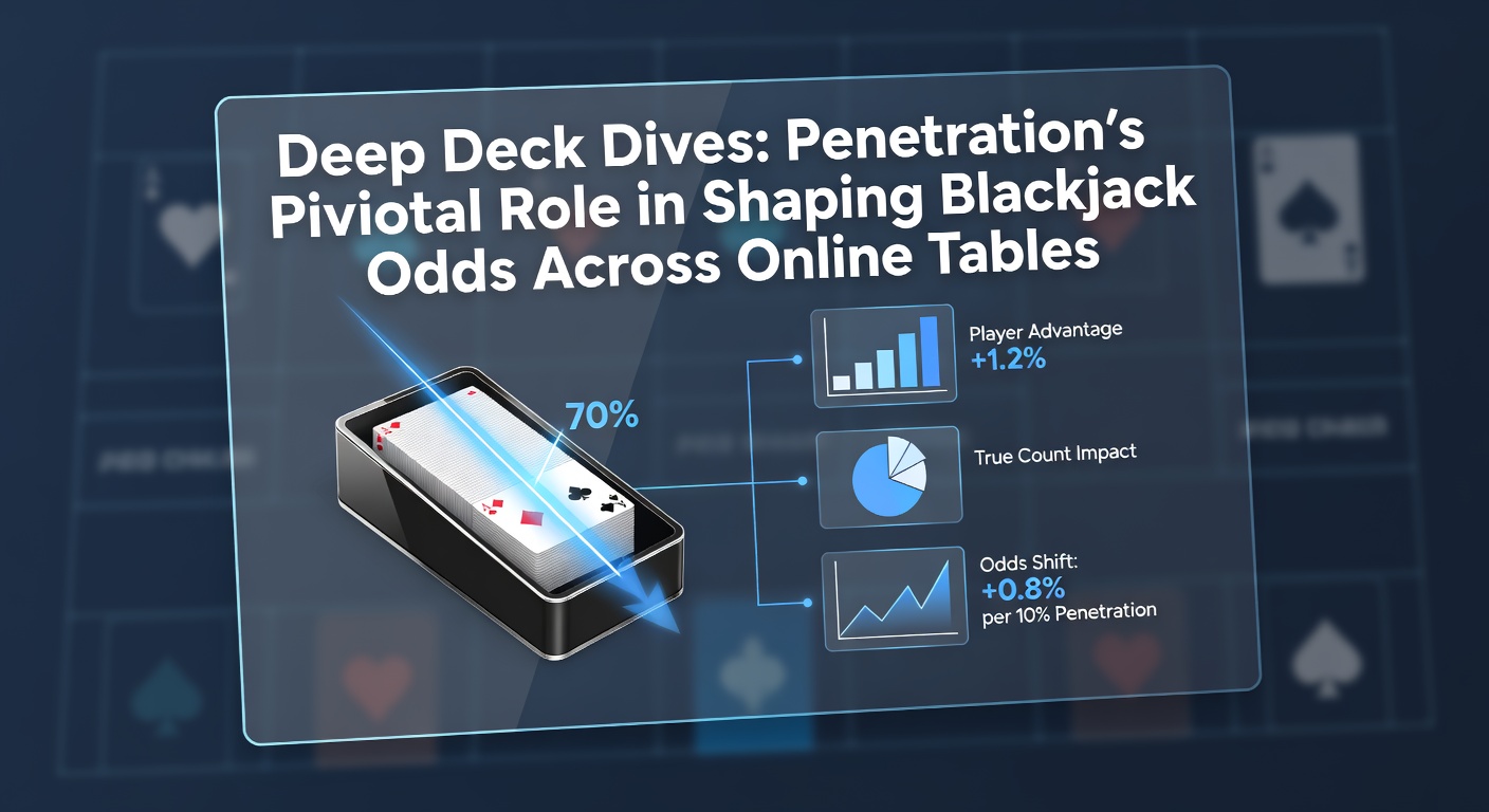 Grafiek die deckpenetratiepercentages toont in een zesdeck-schoen bij online blackjack, met lijnen die de dalende house edge illustreren bij diepere penetratie