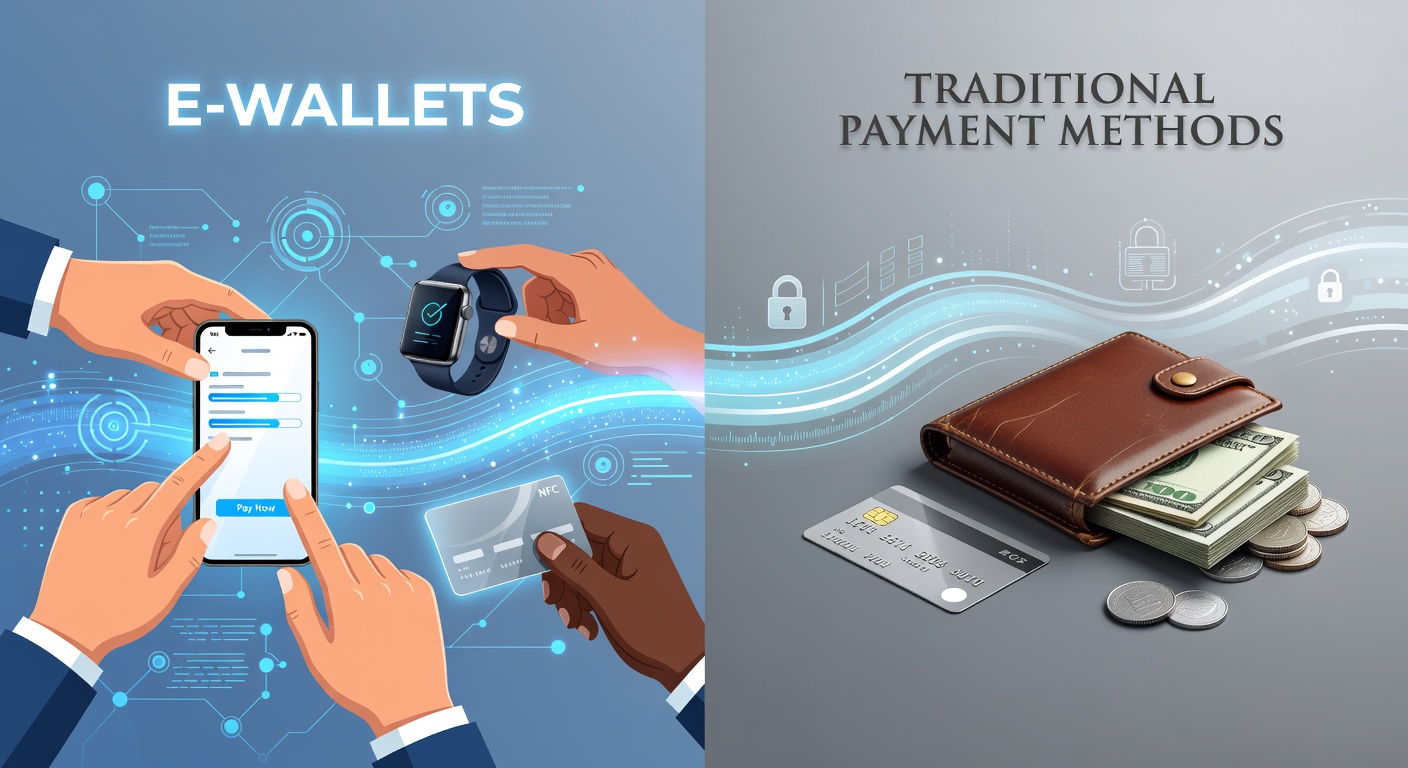 Grafiek met staafdiagrammen die verwerkingstijden van e-wallets (blauw, snel) vergelijken met bankoverschrijvingen (rood, traag) in een online casino context