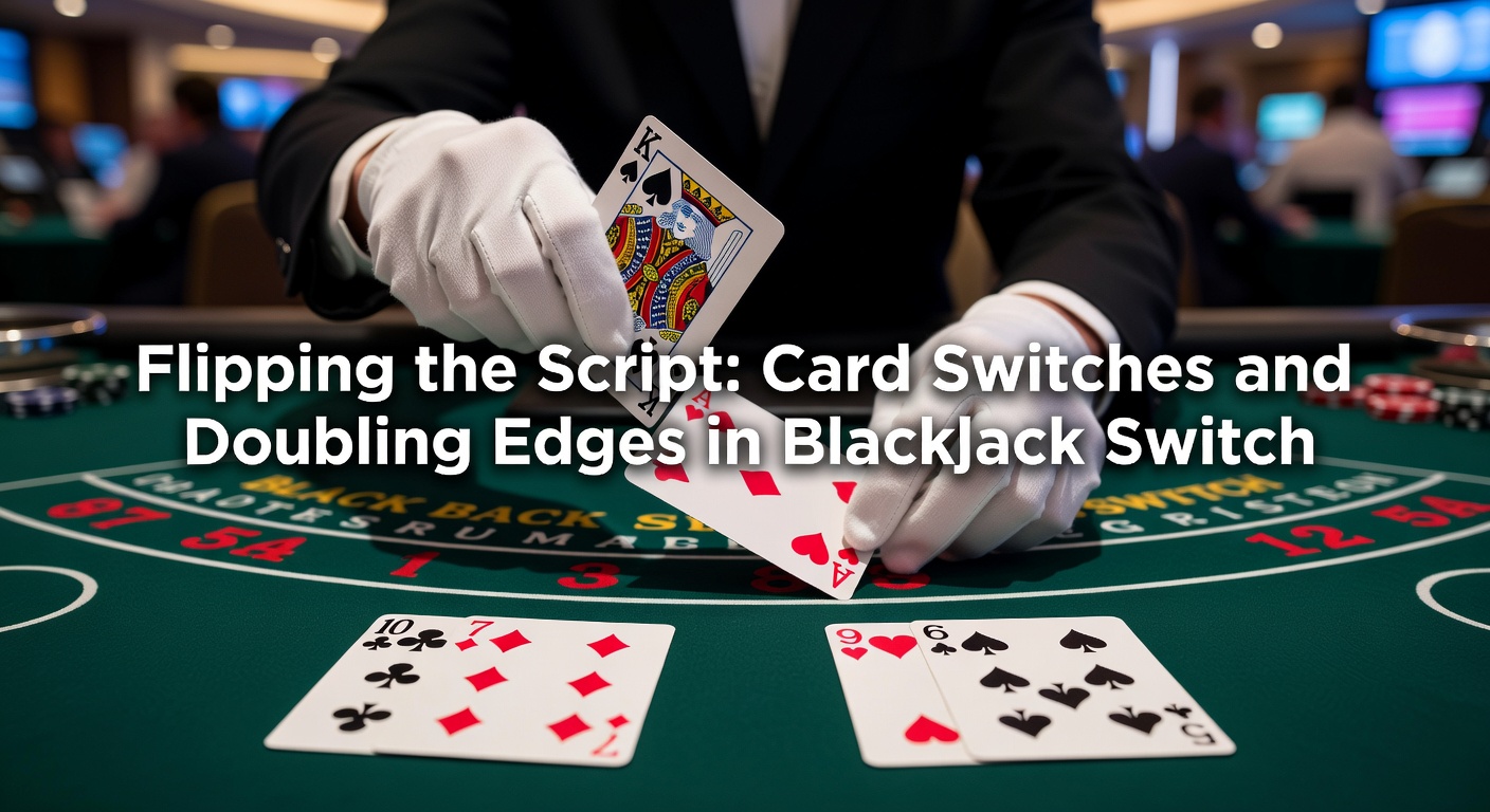 Een dynamische illustratie van een Blackjack Switch-tafel met spelers die kaarten wisselen tussen twee handen, terwijl de dealer een upcard toont