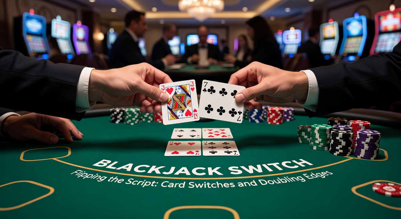 Close-up van een doubling move in Blackjack Switch, met een speler die inzet verdubbelt op een sterke post-switch hand tegen een dealer upcard
