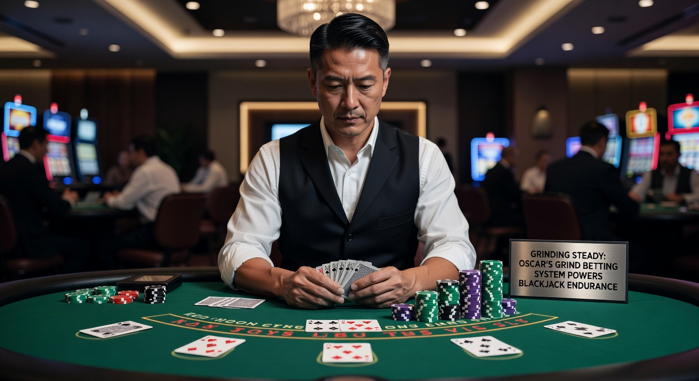 Grafiek die de cyclus van Oscar's Grind in blackjack illustreert, met opwaartse inzetten na winsten en resets na verliezen