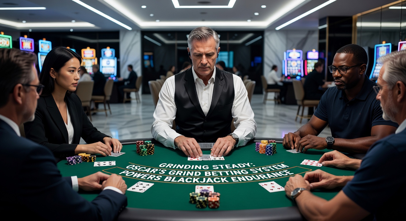 Voorbeeldtabel van een Oscar's Grind cyclus in een blackjack sessie, met kolommen voor handnummer, inzet, uitkomst en lopende winst