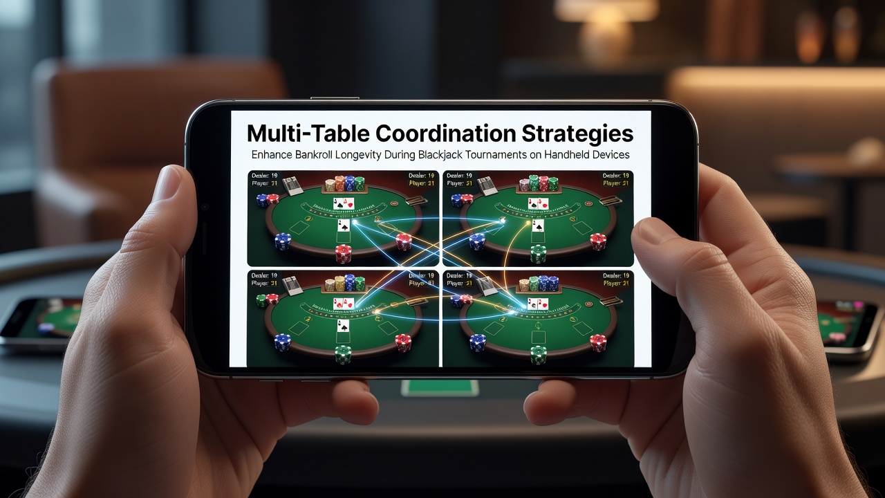 Speler coördineert meerdere blackjack tafels op een handheld apparaat tijdens een toernooi