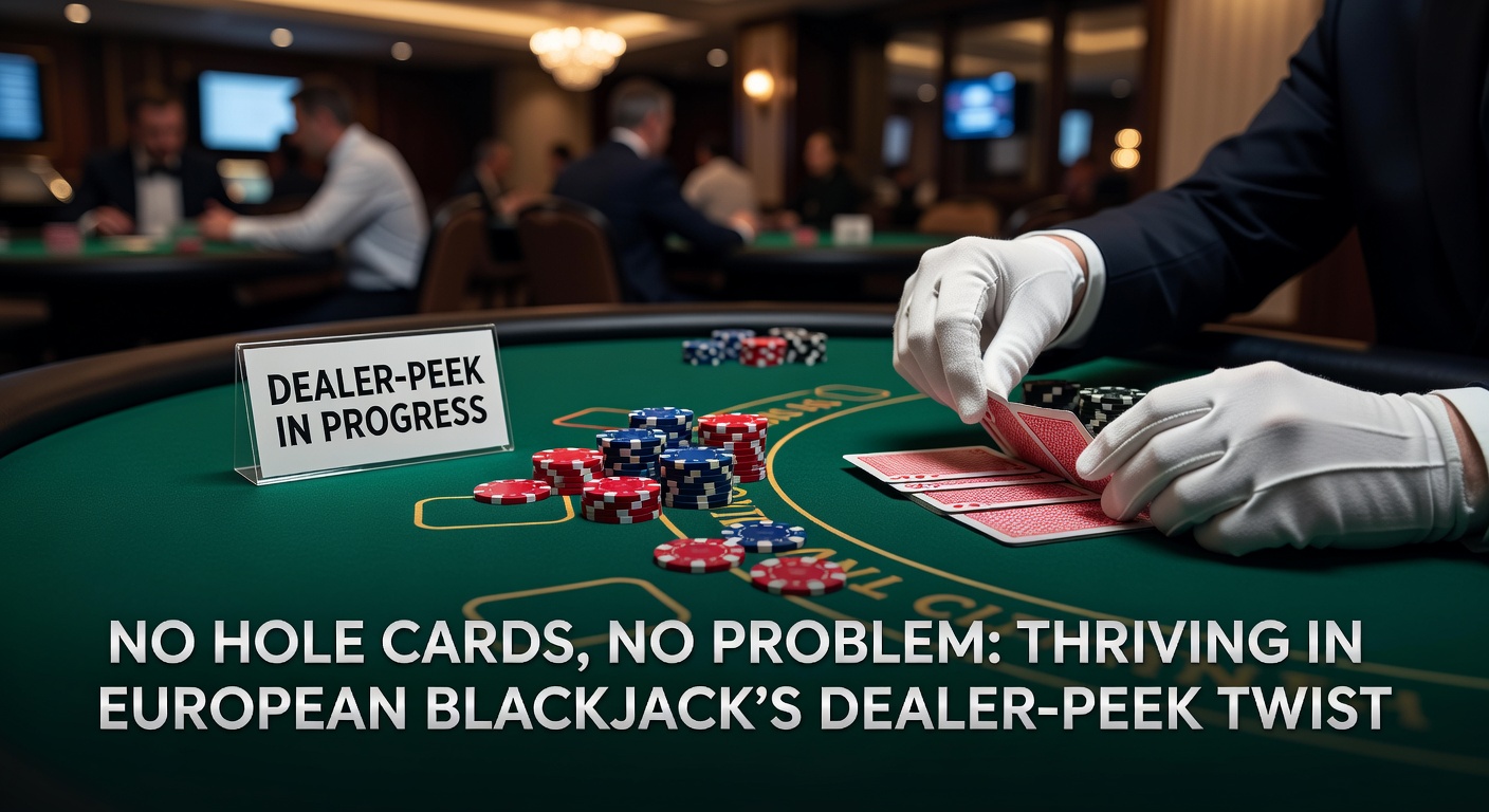 Dealer toont upcard in Europees blackjack zonder hole card, spelers anticiperen op de peek-regel