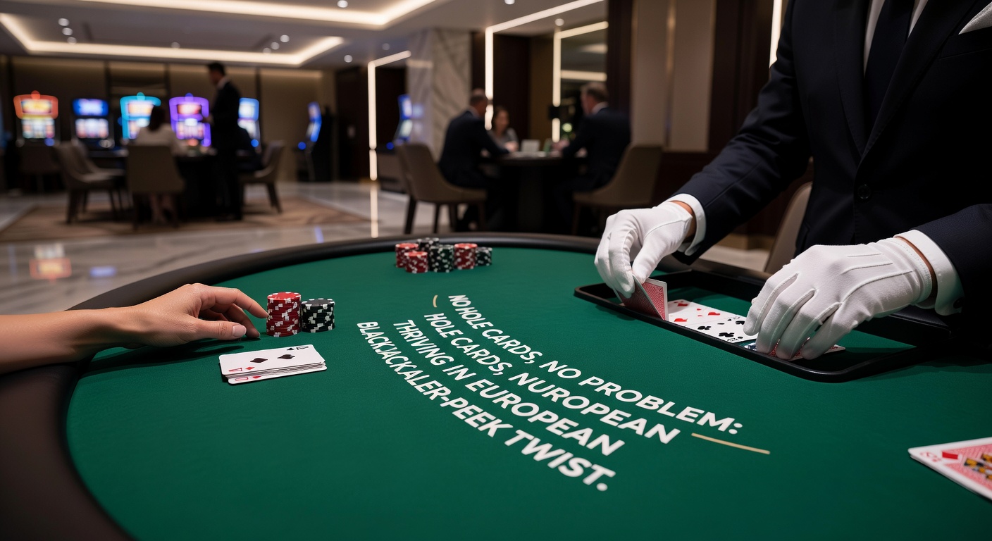 Speler analyseert basic strategy chart voor Europees blackjack, focust op no-hole card aanpassingen