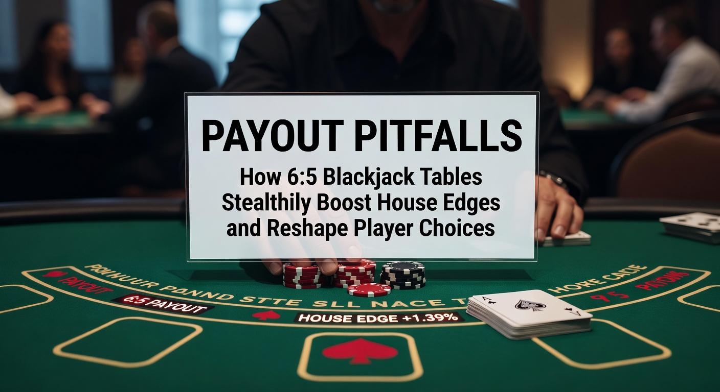 Een bruisende blackjacktafel in een casino, met spelers die focussen op hun kaarten terwijl de dealer schudt; het spotlight valt op een 6:5 payoutbordje dat subtiel in de hoek prijkt