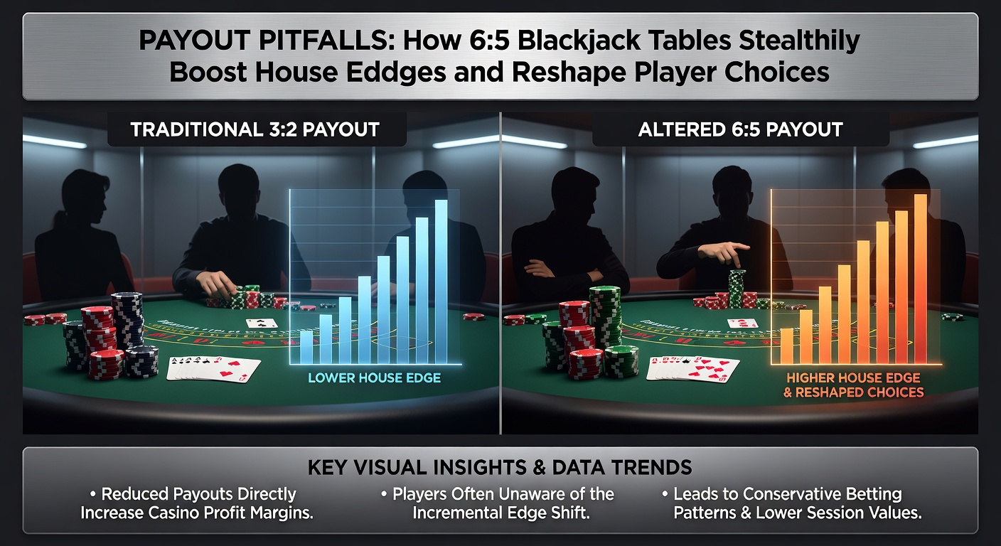 Close-up van een speler die een natural blackjack claimt aan een 6:5 tafel, met fiches gestapeld en een dealer die uitbetaalt; de payout-ratio staat duidelijk zichtbaar op een bordje, omringd door andere spelers in actie