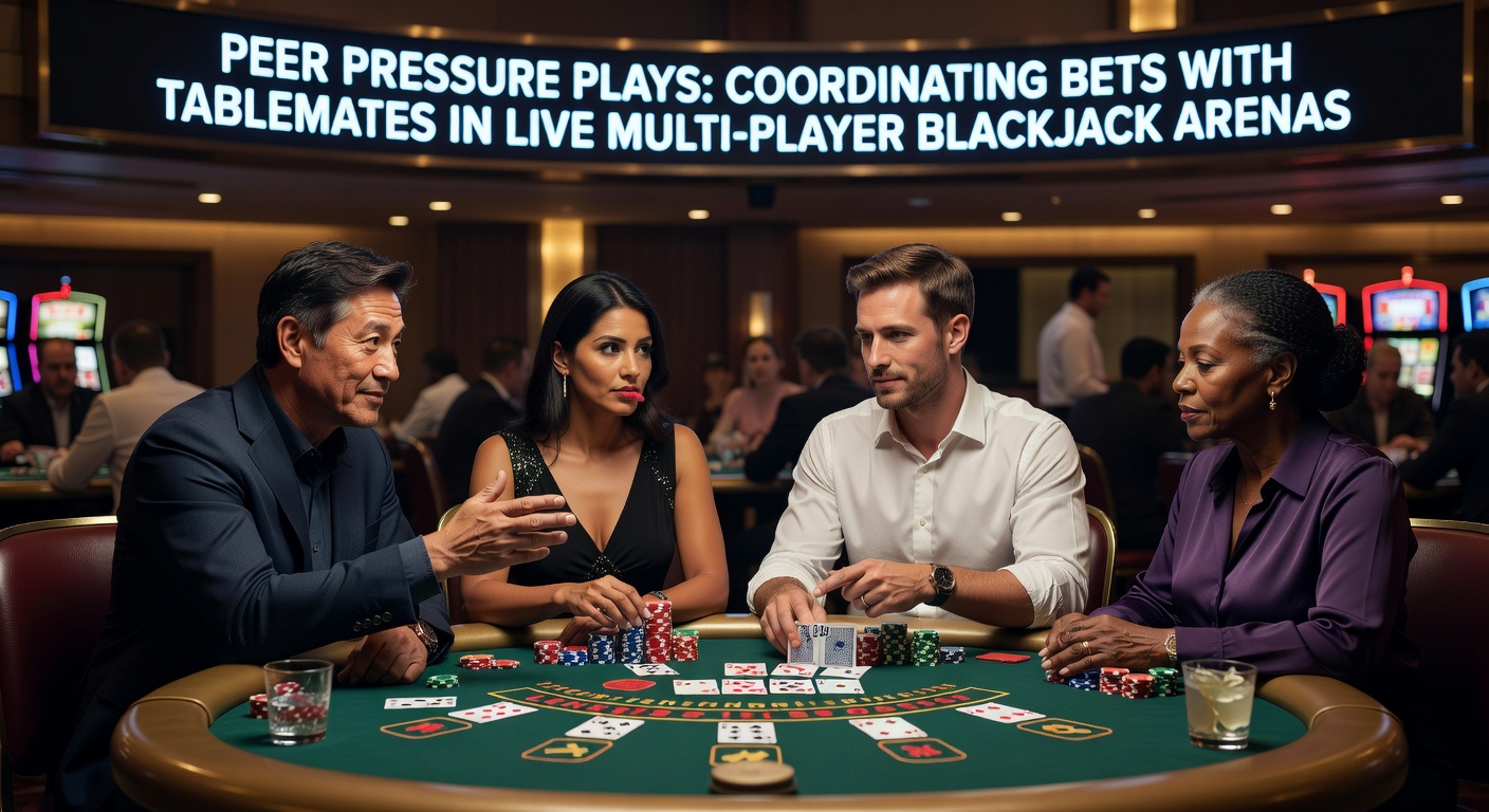 Spelers aan een levendige live blackjacktafel coördineren subtiel hun inzetten terwijl de dealer kaarten deelt, met een sfeer van spanning en camaraderie