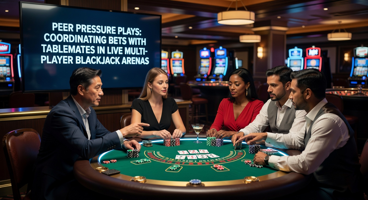 Een close-up van spelershanden die chips stapelen aan een blackjacktafel, met zichtbare spanning en strategische blikken tussen tafelgenoten tijdens een cruciale ronde