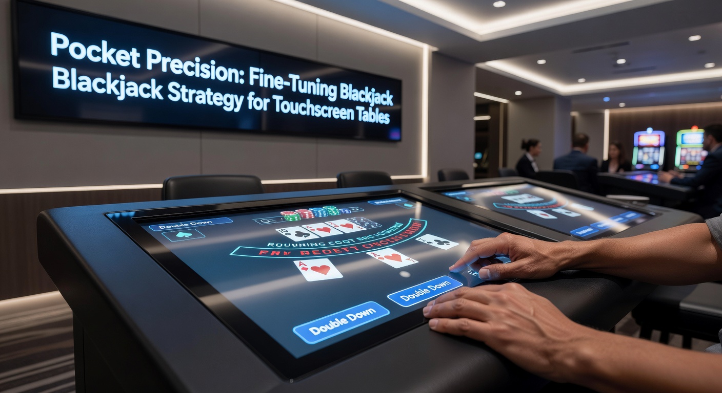 Close-up van vingers die strategische blackjack-beslissingen maken op een mobiel touchscreen met chip-stacks en kaarten in beeld