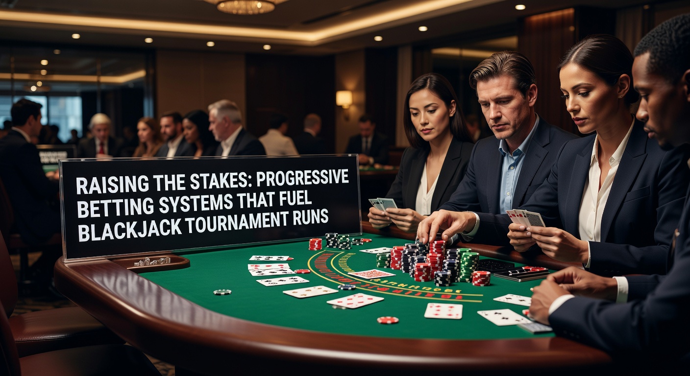 Spannend blackjacktoernooi met spelers die inzetten verhogen aan de tafel, chips stapelen zich op terwijl de spanning stijgt