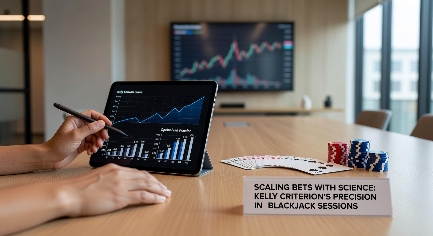 Grafiek die het Kelly Criterion illustreert met groeiende bankrolls in blackjack simulaties, tonen hoe fractionele inzetten leiden tot exponentiële winsten op lange termijn