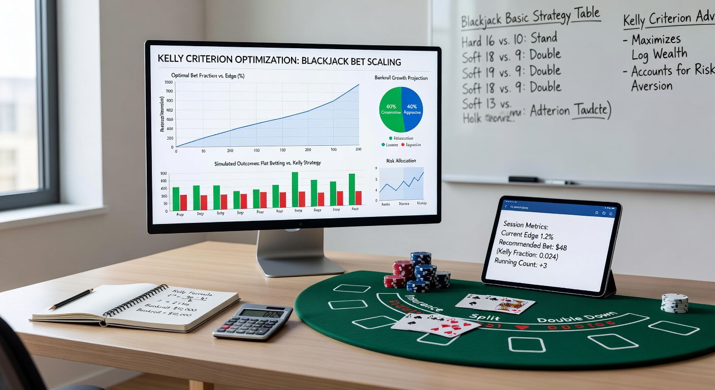 Voorbeeld van een Kelly Criterion bankroll curve in blackjack, met lijnen voor full, half en quarter Kelly die verschillende groeipaden tonen over 10.000 handen