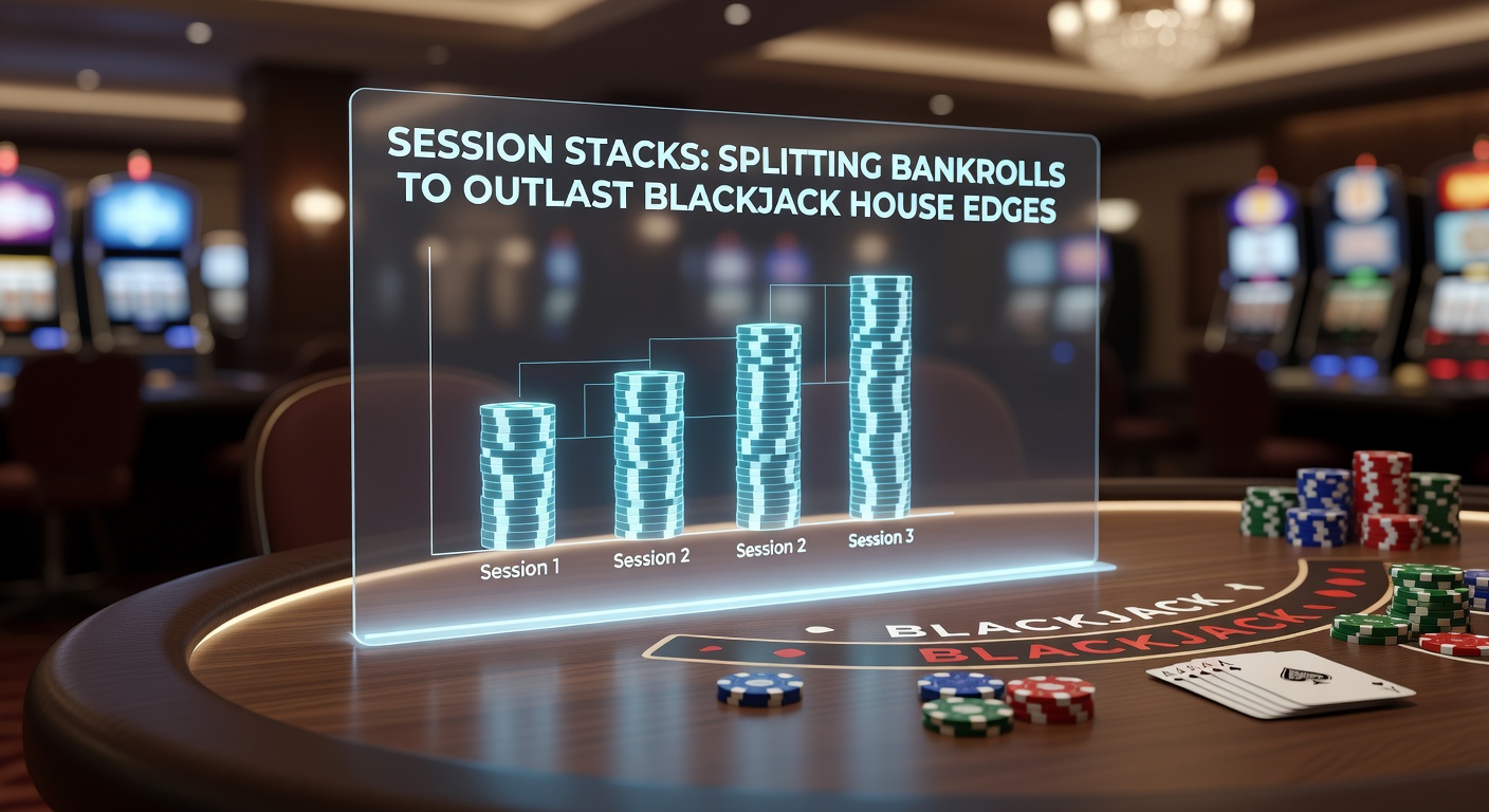 Grafiek van een gesplitste bankroll in blackjack sessies, met stapels chips verdeeld over meerdere tafels