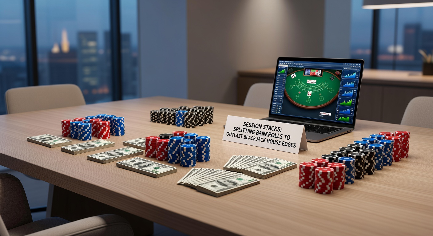 Speler aan een blackjacktafel met meerdere chip stacks, symboliserend sessie-gebaseerd bankroll management