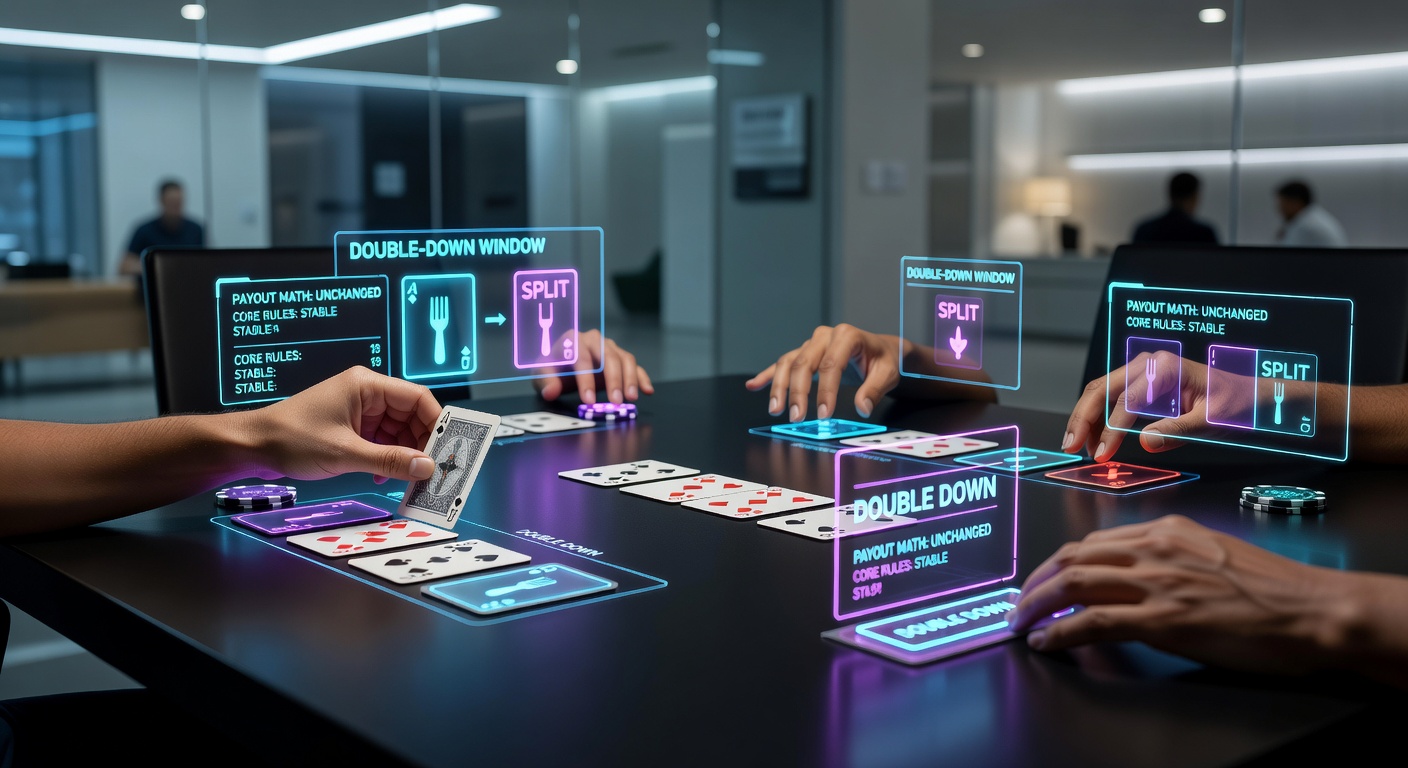 Virtual reality overlay toont multi-hand blackjack tafel met timing indicatoren voor splits en doubles