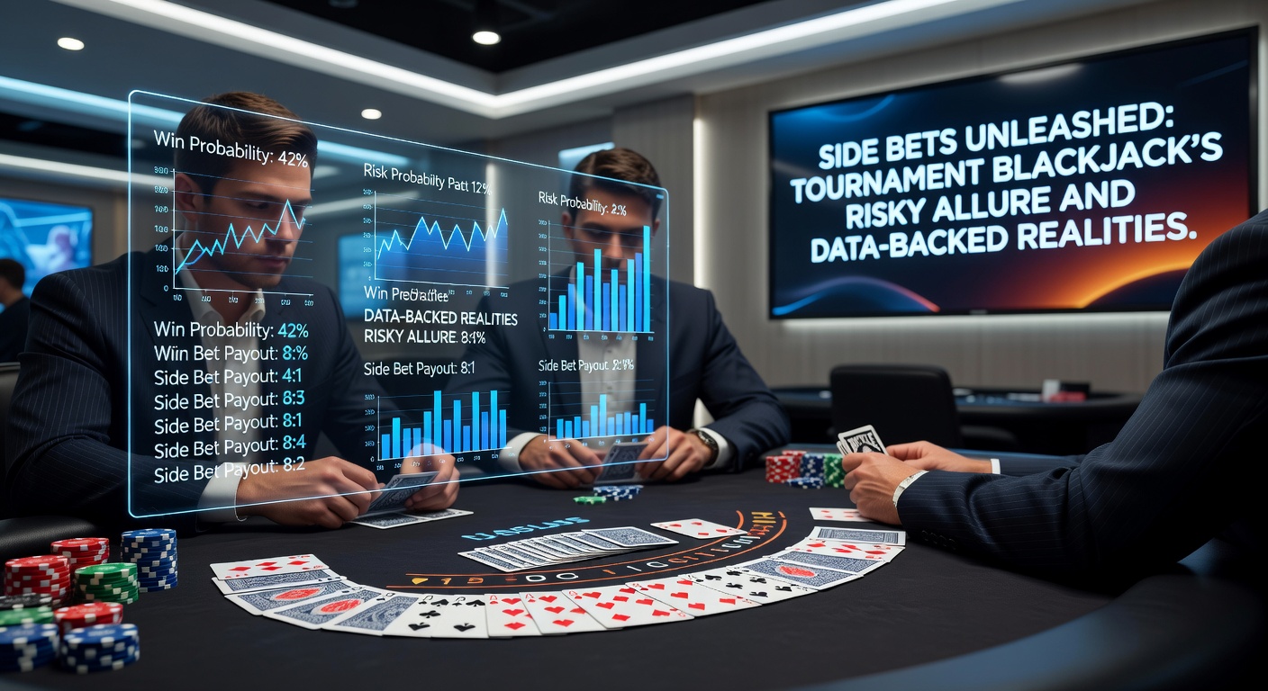 Speler plaatst een side bet bij een blackjack toernooi tafel, met fiches en kaarten in actie