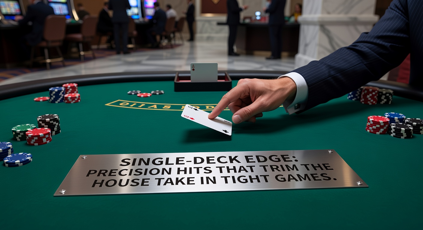 Een close-up van een single-deck blackjack-tafel met kaarten in een intense spelronde, waar precisie-hits het verschil maken