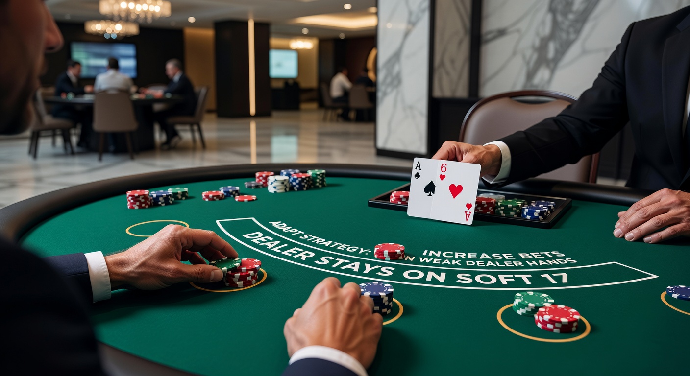 Dealer toont een soft 17 hand met aas en zes, spelers passen strategie aan tijdens live blackjack sessie