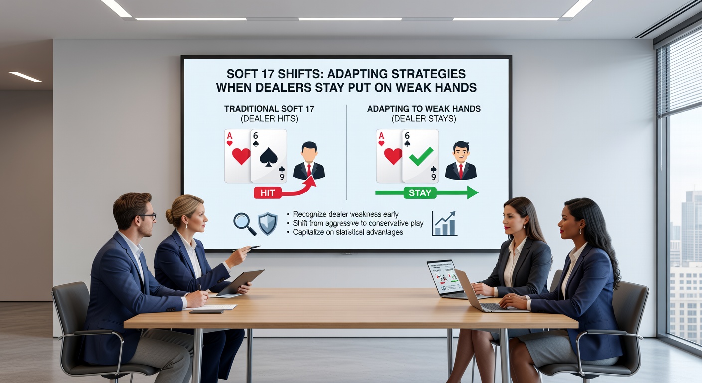 Strategiekaart met markeringen voor soft 17 stand-regels, spelers analyseren aan blackjacktafel