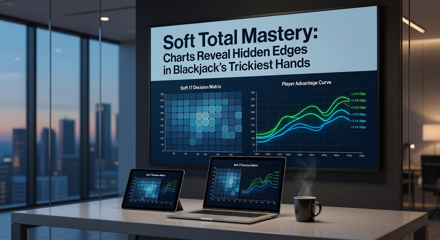 Grafiek met strategie voor soft totals in blackjack, tonen hit, stand en double opties tegen dealer upcards