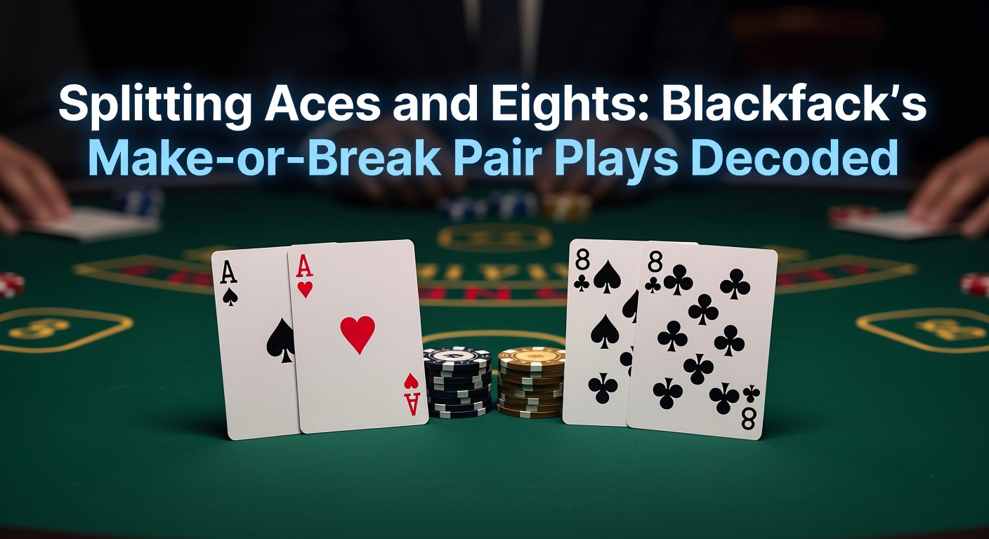 Blackjacktafel met een paar azen dat gesplit wordt, dealer aan de kant met een tien