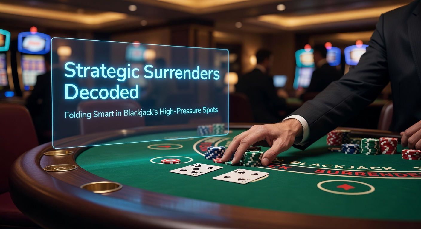Een blackjacktafel met kaarten en fiches, waar een speler nadenkt over een surrender-besluit tegenover een sterke dealer-upcard