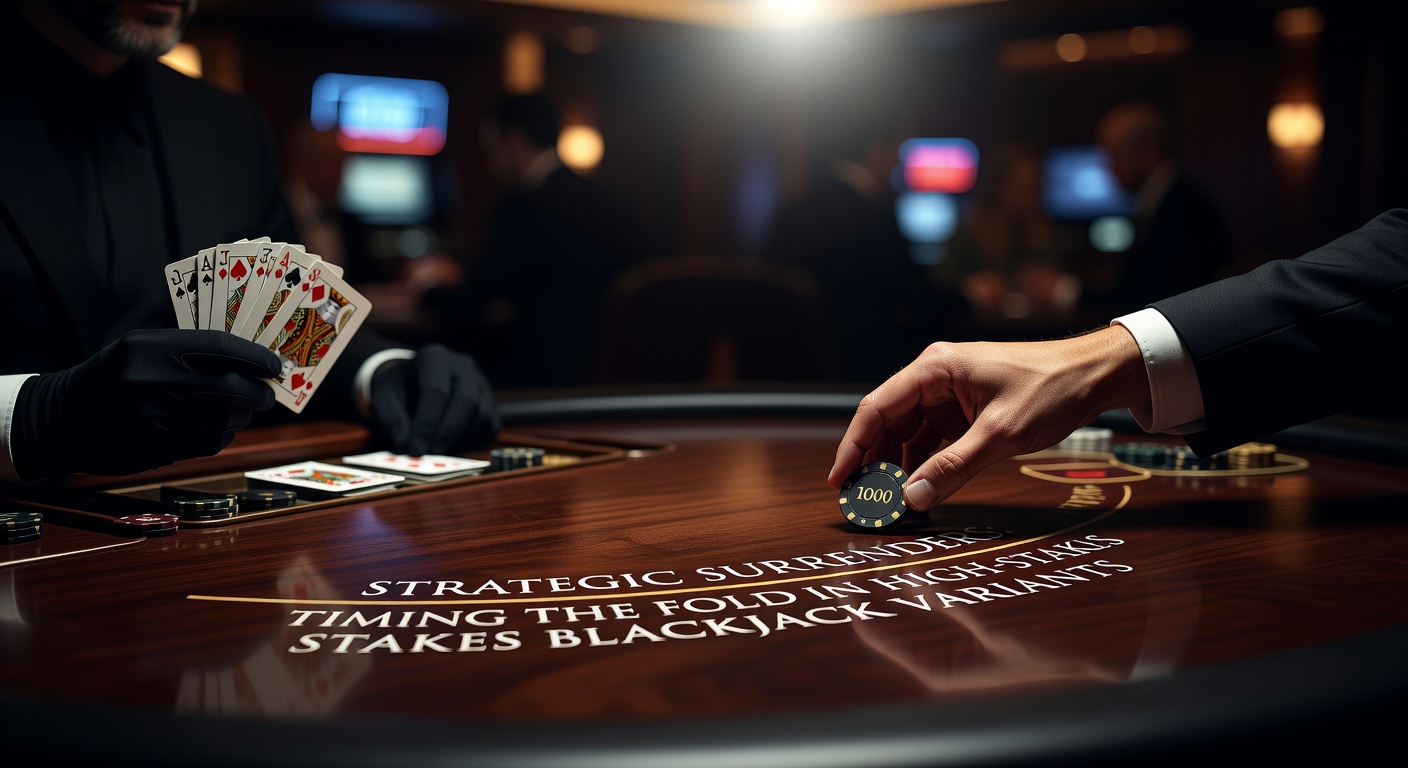 Een blackjacktafel met kaarten en fiches, waar een speler overweegt te surrenden tegenover een sterke dealer-upcard