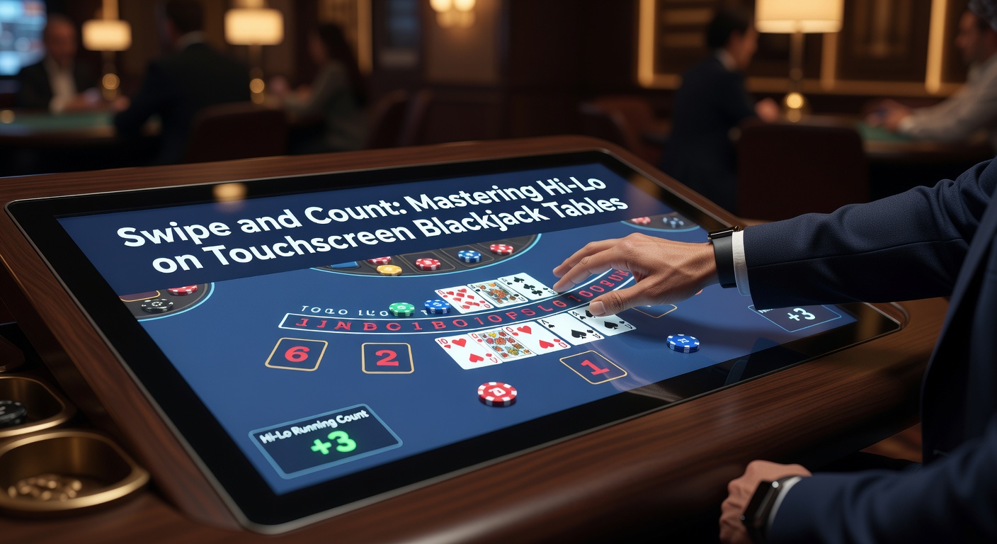 Touchscreen blackjack tafel met spelers die swipen voor acties terwijl ze kaarten tellen