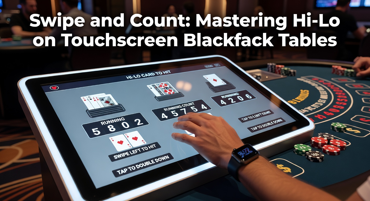 Close-up van een hand die swipet op een touchscreen blackjack tafel tijdens een telling sessie