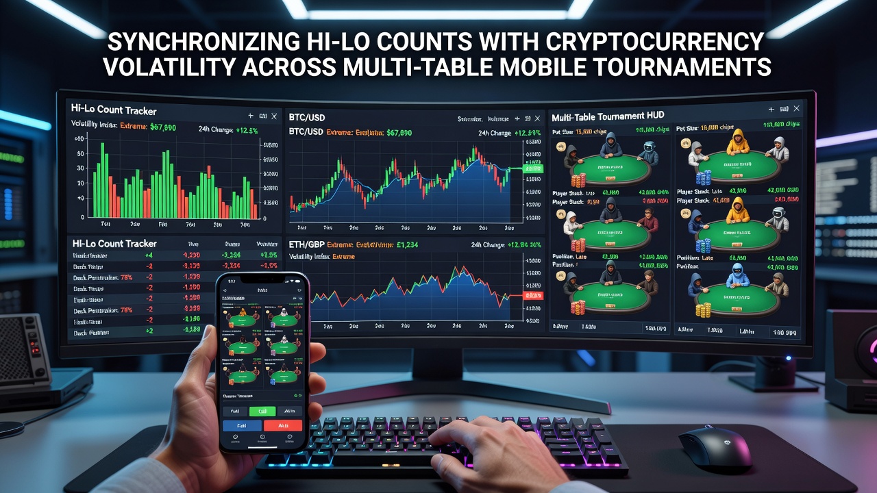 Grafiek die Hi-Lo true count synchronisatie met cryptocurrency volatiliteit toont in mobiele blackjack toernooien