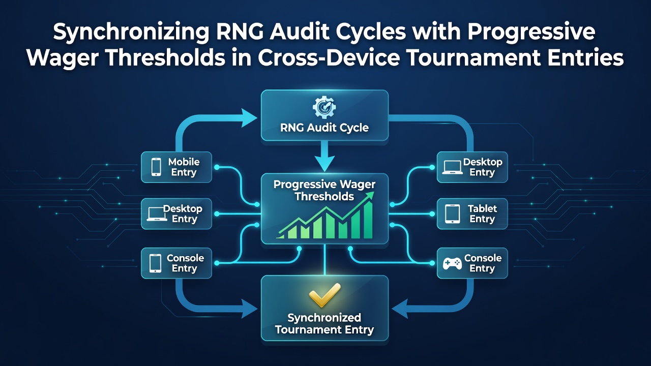 Diagram van RNG-auditcycli gekoppeld aan progressieve inzetdrempels in multi-device blackjacktoernooien