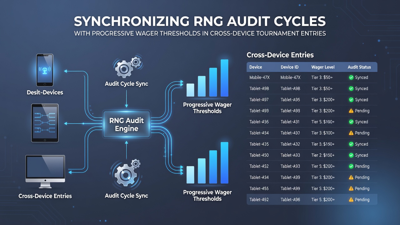 Schermafbeelding van live dashboard met gesynchroniseerde RNG-audits en inzetdrempels tijdens cross-device toernooien