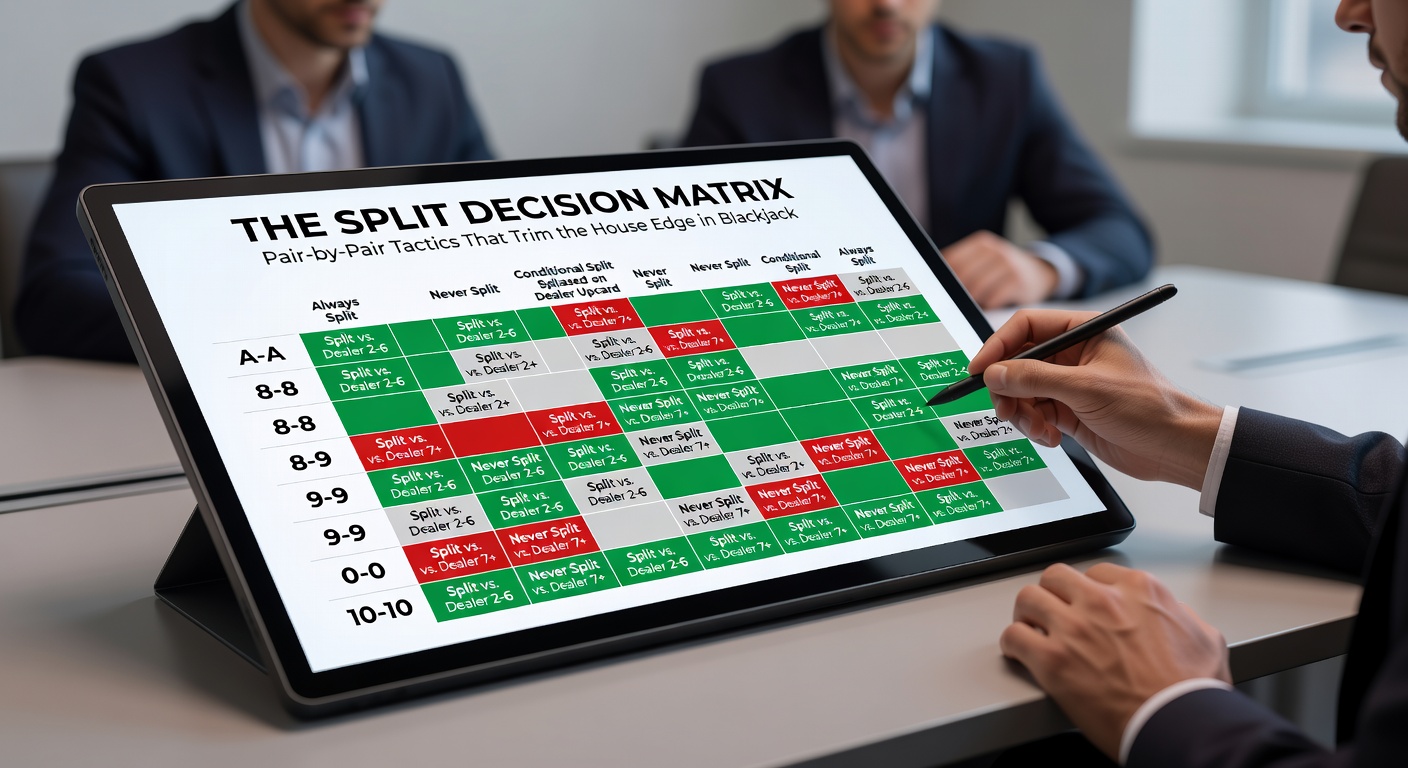 Close-up van een split decision matrix-tabel met kleurcodering voor paren zesjes en drietjes tegen verschillende dealerupcards