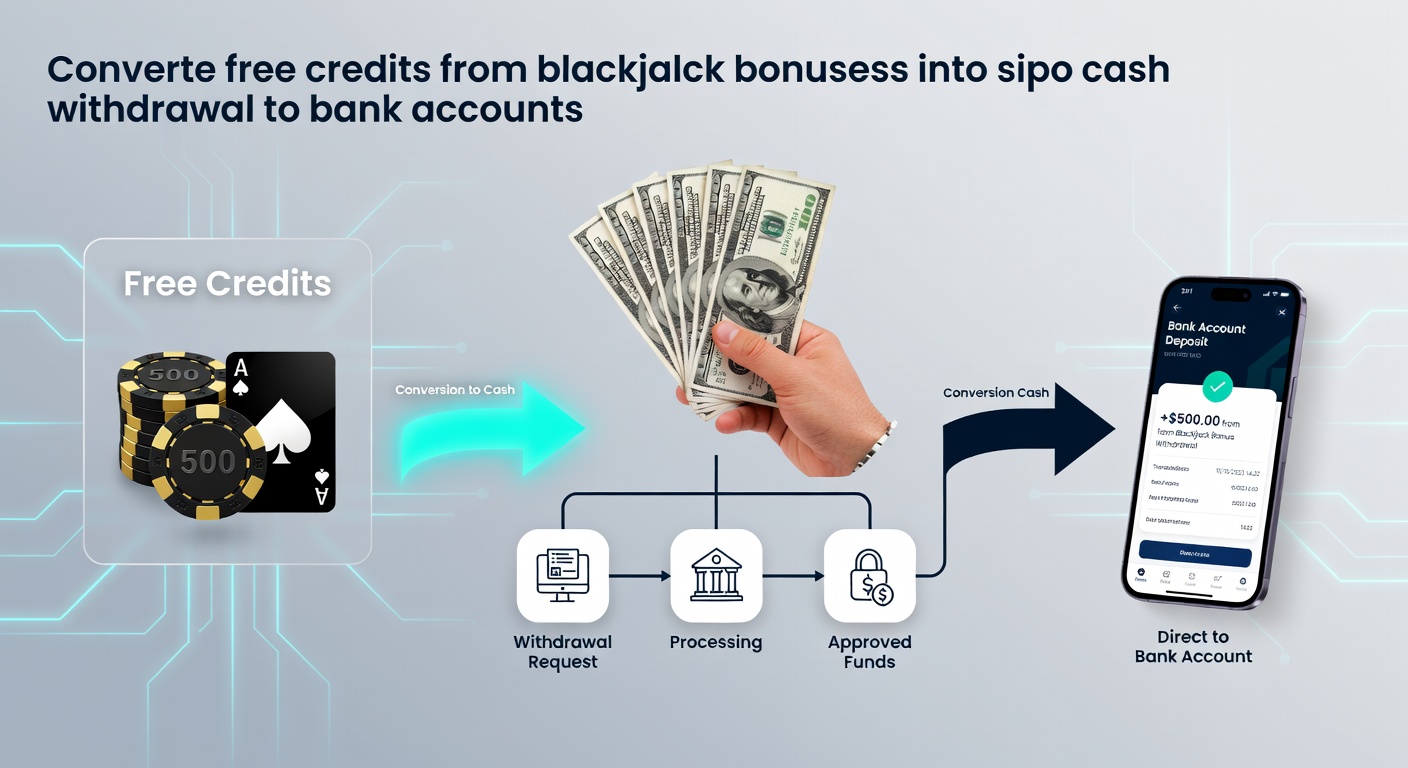 Grafiek die de route van blackjack bonuscredits naar een bankuitbetaling illustreert, met stappen zoals wagering en verificatie